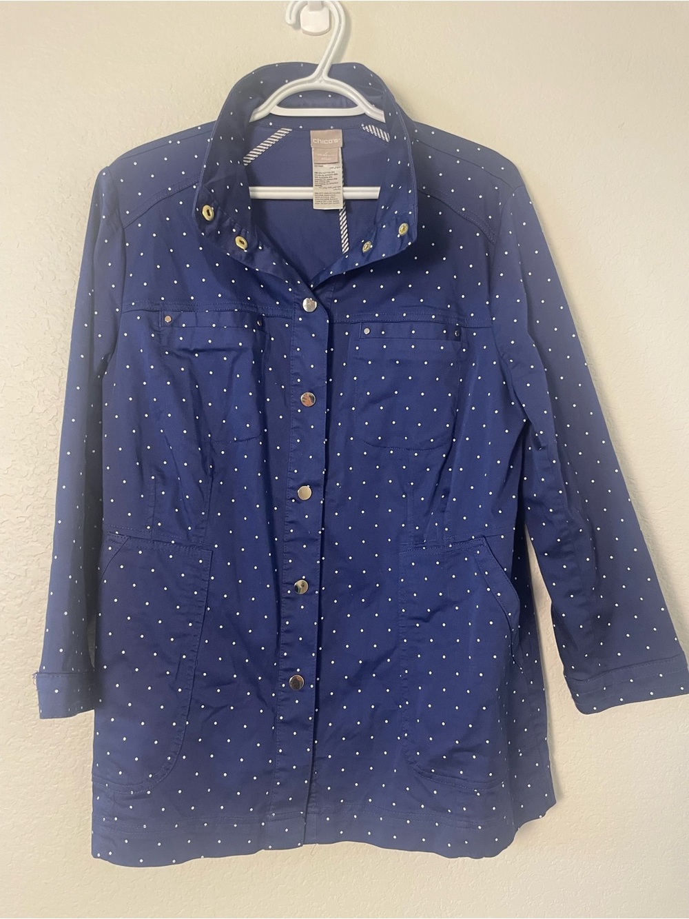 Chico’s Size 2 (L , 12/14) Blue Polka Dot Utility Jacket Stretch Cotton